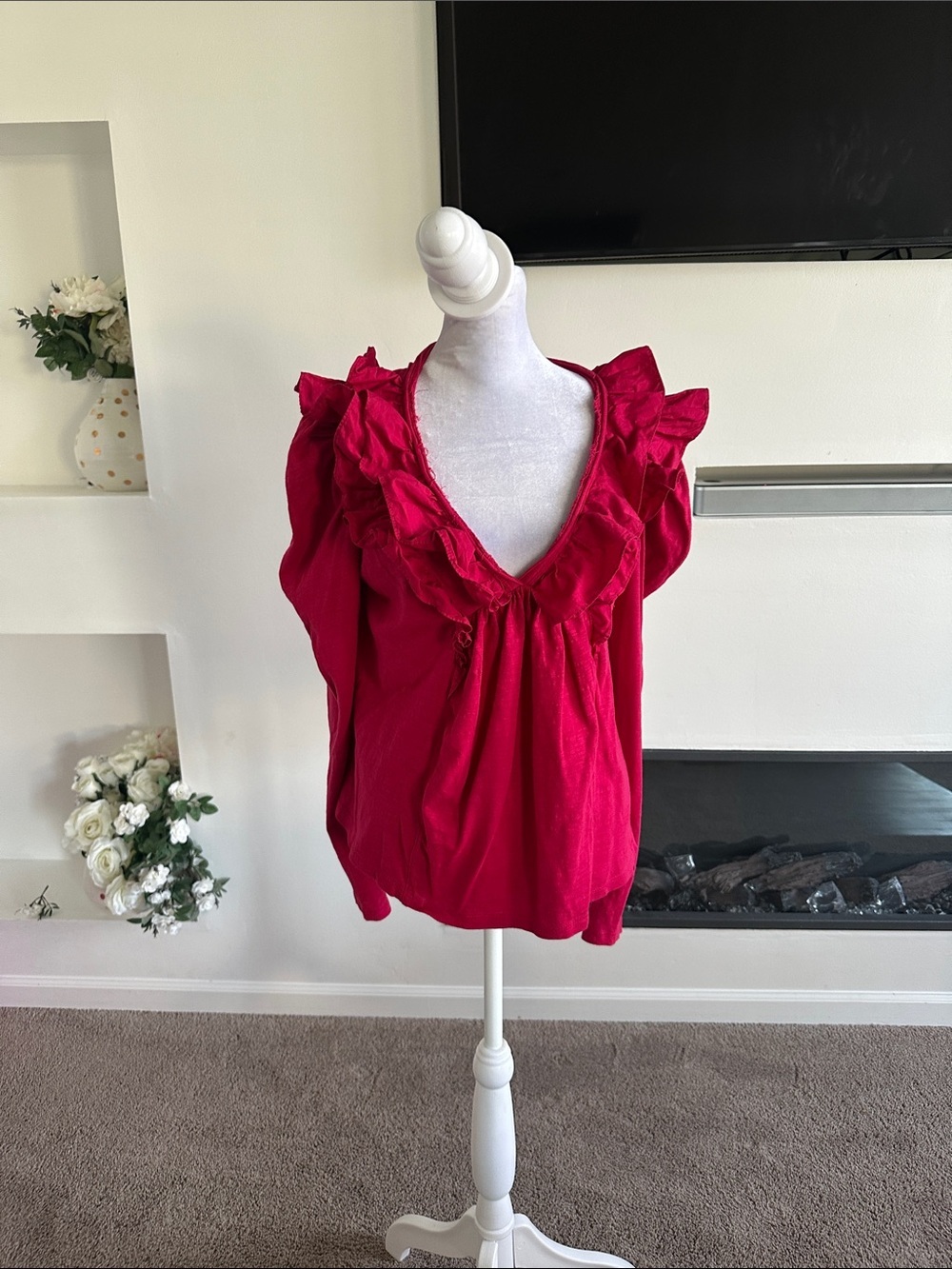 Anthropologie Ruffled V-Neck Blouse in Fuchsia